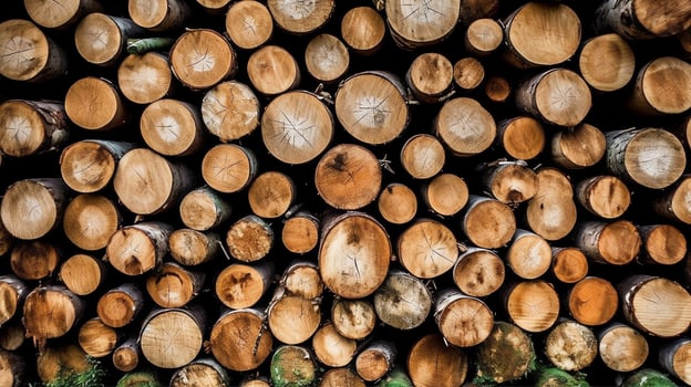 A large circular piece of wood, wooden trunk or stacked tree lumber for furniture industry. Wooden log concept by AI Generated photo