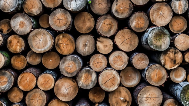 A large circular piece of wood, wooden trunk or stacked tree lumber for furniture industry. Wooden log concept by AI Generated photo
