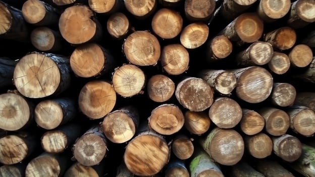 A large circular piece of wood, wooden trunk or stacked tree lumber for furniture industry. Wooden log concept by AI Generated photo