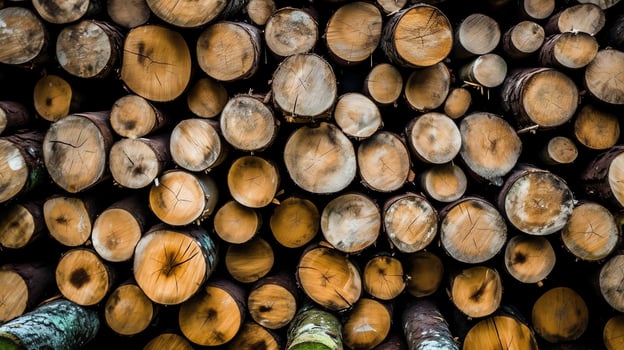A large circular piece of wood, wooden trunk or stacked tree lumber for furniture industry. Wooden log concept by AI Generated photo