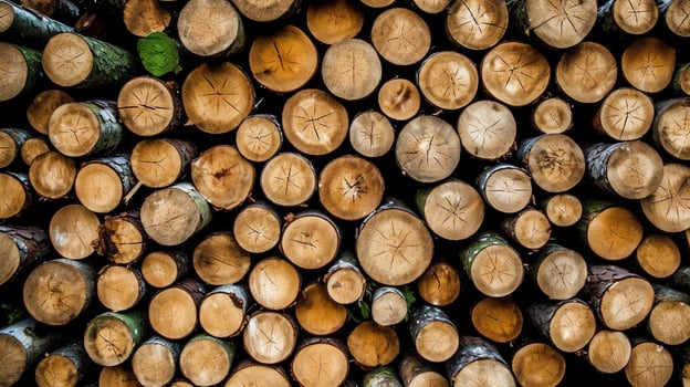 A large circular piece of wood, wooden trunk or stacked tree lumber for furniture industry. Wooden log concept by AI Generated photo
