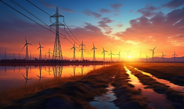 wind turbines positioned near an electricity pylon. AI Generated photo