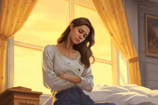 Young woman discomfort abdominal pain. Generate Ai photo