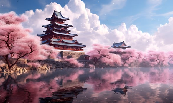 pink cherry trees and japanese castle, ai generative photo