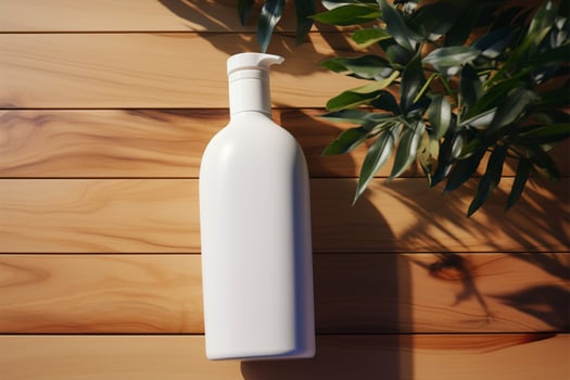 Minimalist aesthetics white bottle on a textured wooden floor AI Generated photo