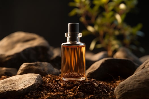 Oil bottle placed atop a mound of earthy, rustic soil AI Generated photo