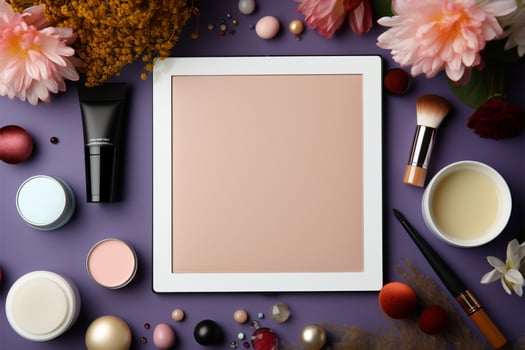 a tablet with a white screen surrounded by cosmetics AI Generated photo