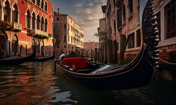 gondola boats parked on the river with classic European buildings, ai generative photo