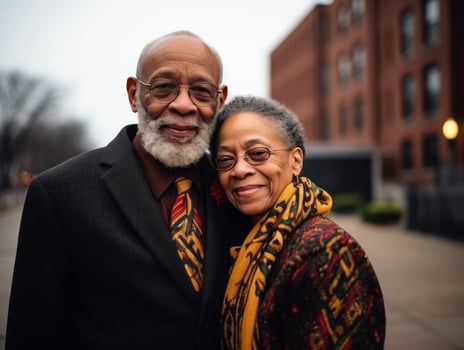 Loving old african american couple is enjoying a romantic winter day AI Generative photo