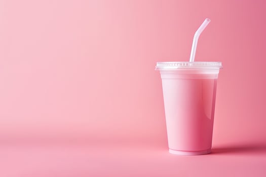 Pink drink in plastic cup isolated on pink background. Take away drinks concept with copy space. ai generated photo