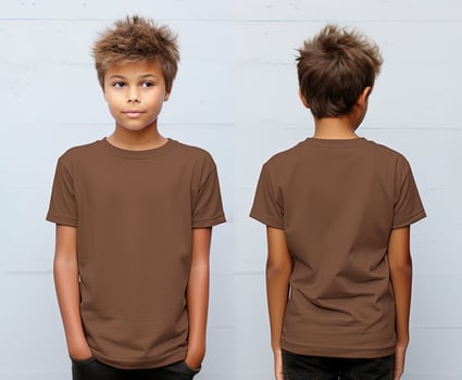 Front and back views of a little boy wearing a brown T-shirt. ai generated photo