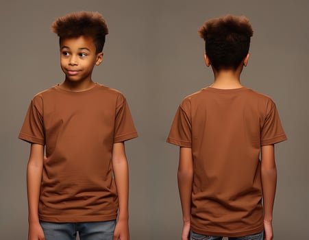 Front and back views of a little boy wearing a brown T-shirt. ai generated photo