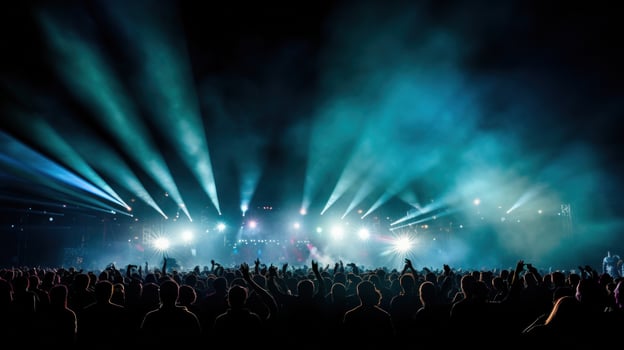 Fireworks lights during concert festival in a nighttime, in crowd photo