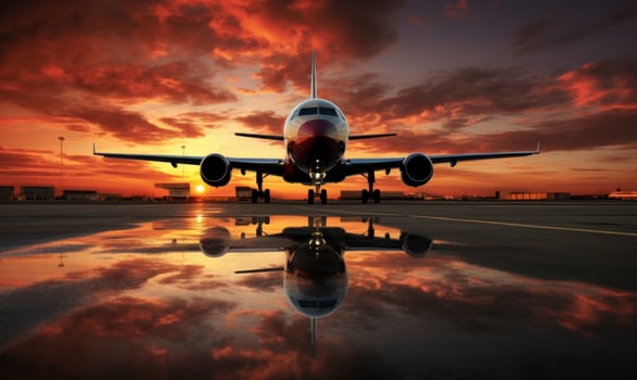 The sun is setting behind a plane on an airport photo