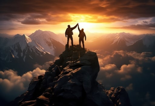 Two people helping each other on a mountain top photo
