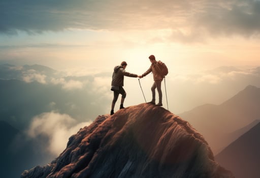 Two people helping each other on a mountain top photo