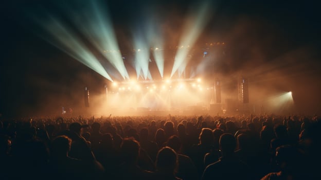 Fireworks lights during concert festival in a nighttime, in crowd photo