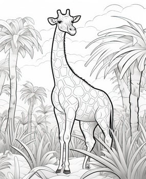 giraffe in the jungle coloring page. Generative AI photo