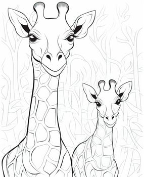 two giraffes in the wild coloring page. Generative AI photo