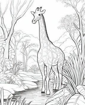 giraffe in the jungle coloring page. Generative AI photo