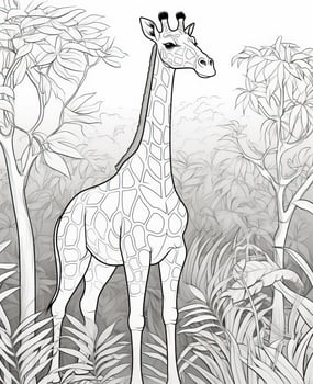 giraffe in the jungle coloring page. Generative AI photo