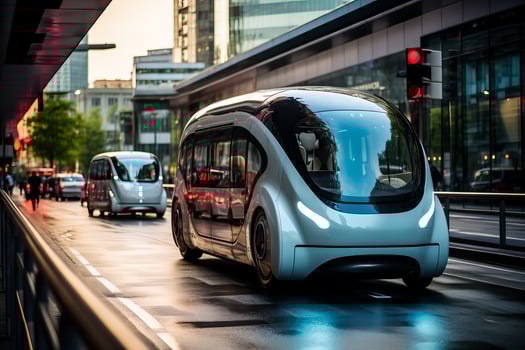 An autonomous electric car changes lanes and overtakes a vehicle in the city photo