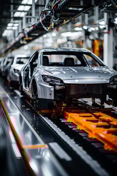 Assembly line for robots with electric car battery module on platform photo