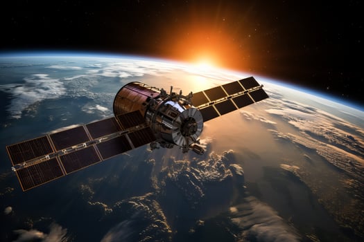 NASA provides elements for 3D render of Earth planet viewed with satellite during sunrise in space photo