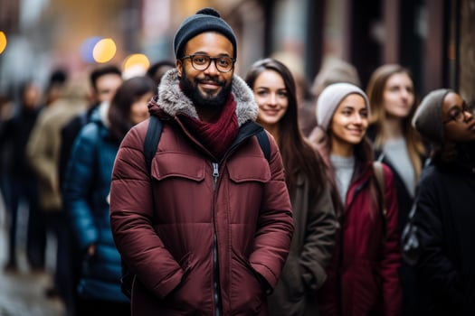 Diverse individuals calmly queueing patiently waiting their turn in line photo