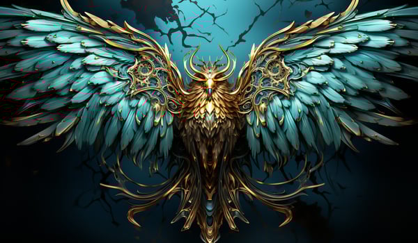 Fantasy turquoise and gold bird sculpture. AI generator photo