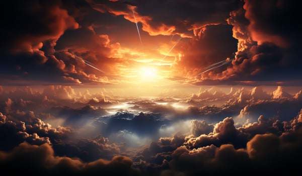 Unreal fantasy landscape with cloudy sky at sunset. AI generator photo