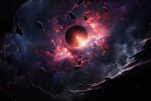 A supermassive black hole devours a vibrant pink planet. AI Generative photo
