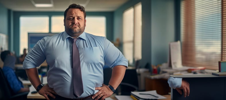 a plussize businessman in a shirt and tie standing in an office. AI Generative photo