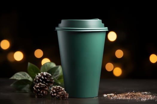 Green coffee cup mockup on the table photo
