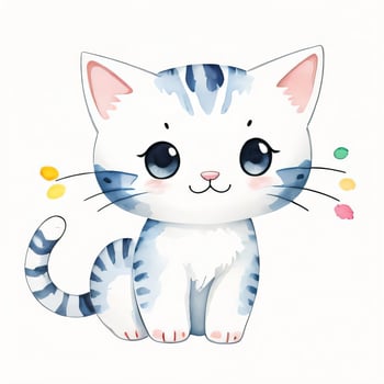 Watercolor children illustration with cute kitty cat clipart photo