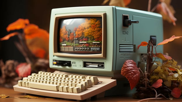 Old stylish vintage retro personal computer for video games and work poster from the 80s 90s photo
