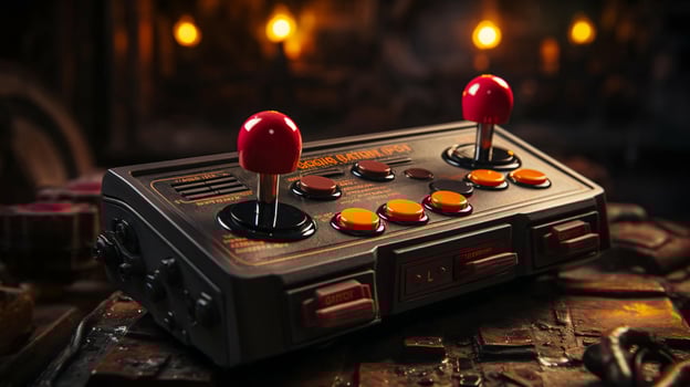 Old stylish vintage retro game console with video game joystick poster from 80s 90s photo