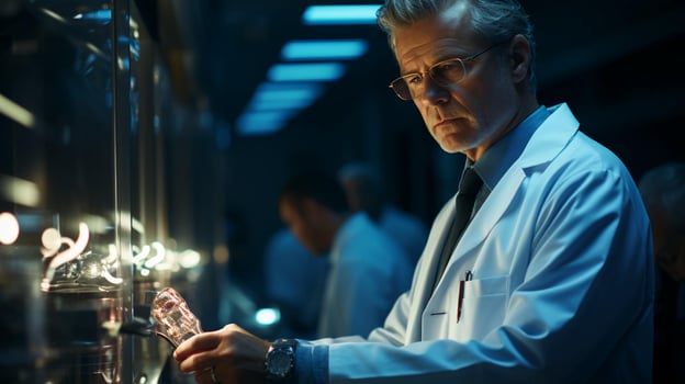 Old male doctor in a white coat in a hospital, medicine and healthcare concept photo