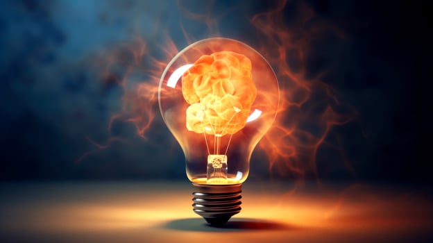 Light bulb with human brain inside on dark background. Generative AI photo