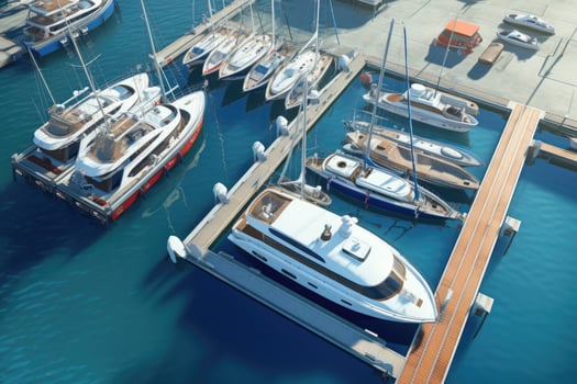 Yachts and boats moored in a marina. Aerial view. Aerial view of the yacht club. Aerial top down view of docked sailboats. Top down view of yachts. 3d visualisation, AI Generated photo