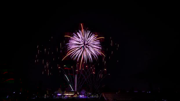 fireworks over the temple in the dark sky photo