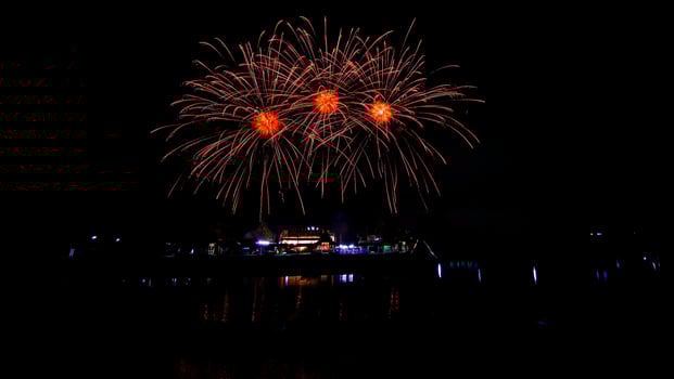 fireworks over the temple in the dark sky photo