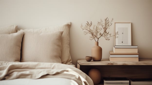 Generative AI, Relaxing bedroom detail of bed with natural linen textured bedding, muted neutral aesthetic colors photo