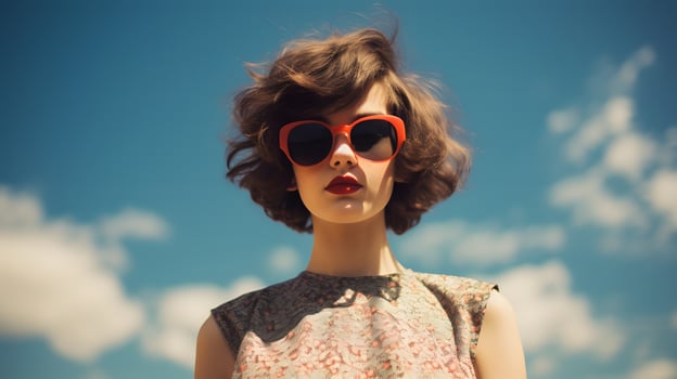 A woman wearing red sunglasses against a vibrant blue sky AI Generated photo