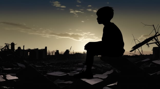 Silhouette of a boy sitting in a place where he had his home now it's destroyed. Sitting with sadness. AI Generated photo