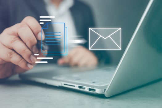 Businessman using pen signing E-document on a virtual screen and sent mail, Important mail, electronic signature concept. photo