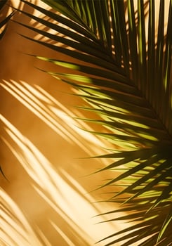 Tropical background for a product placement, palm tree leaves and sunlight shadows on the wall, minimalistic botanical backdrop, palms on a hot sunny day, generative ai photo