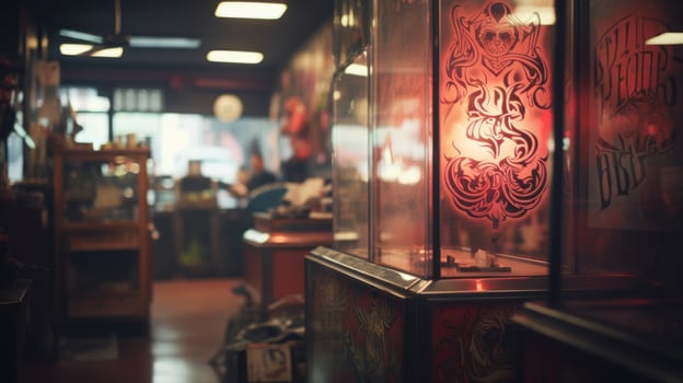 Blurred background of a tattoo parlor. Interior of a city tattoo studio. photo