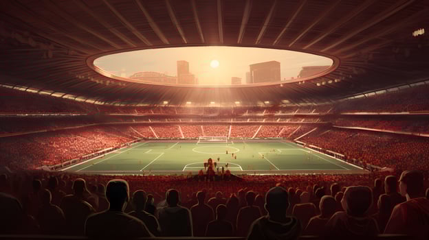 Soccer stadium full of fans at sunset AI Generated photo