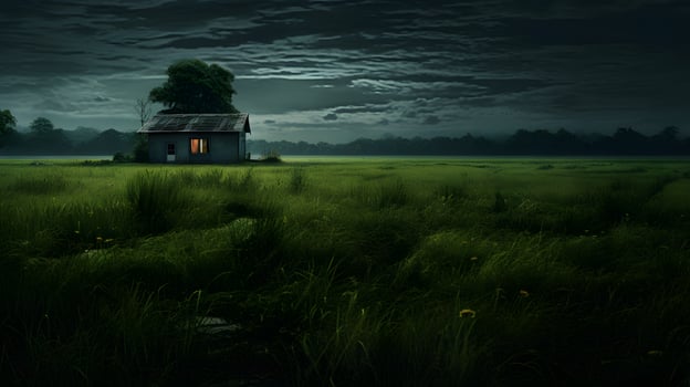 Lonely house in the middle of a meadow at night photo